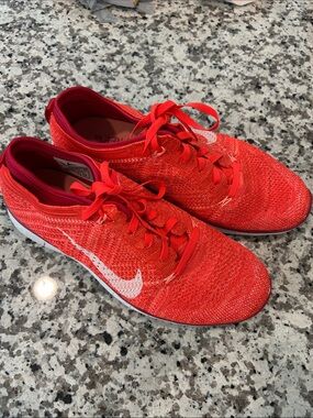 Nike Women's Flyknit Running Shoes - Bright Red with White Swoosh